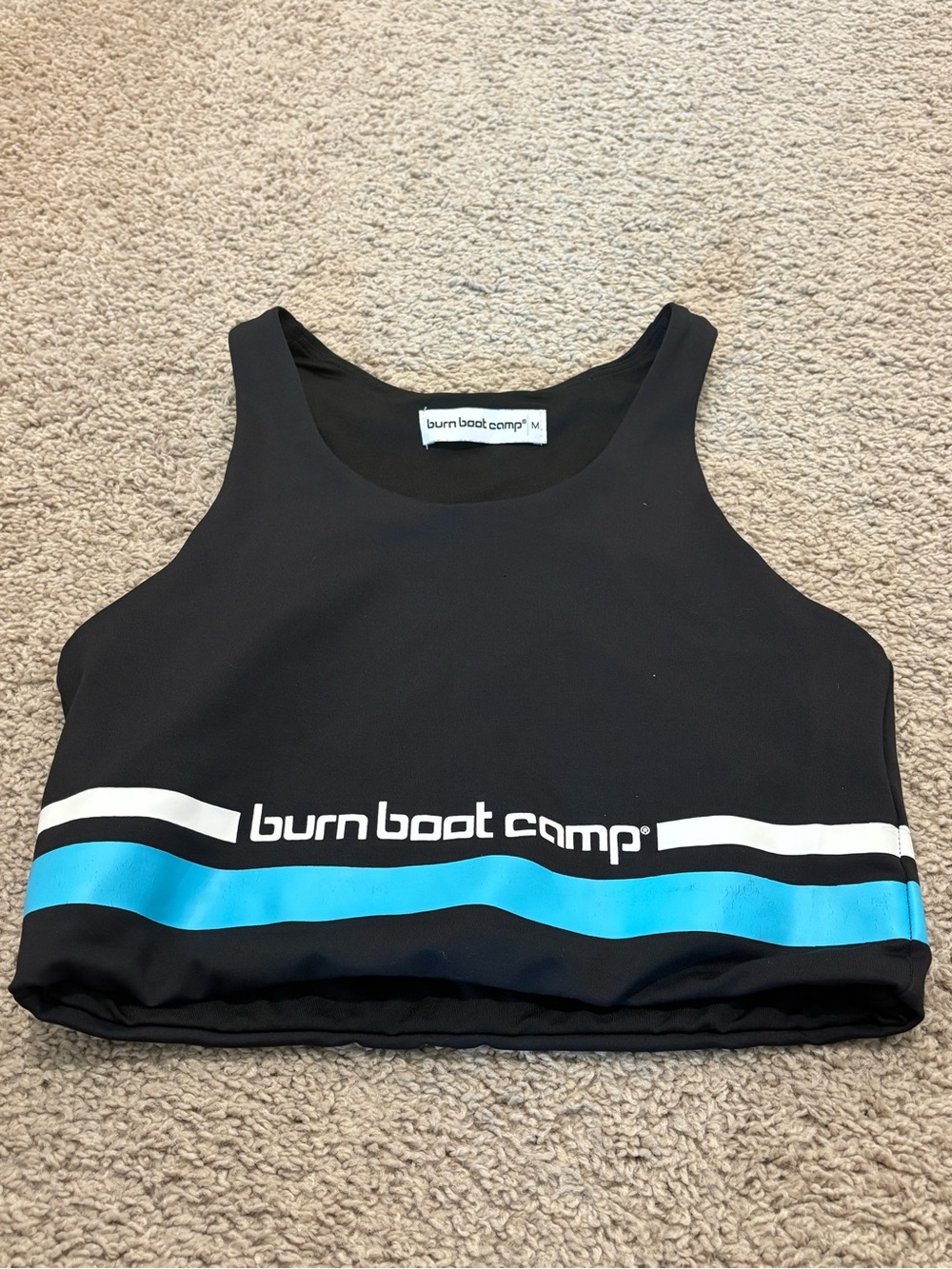 Burn Boot Camp Black Sports Bra Crop Top Medium Blue White Logo